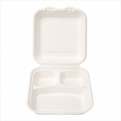 Plant Fiber 3-Compartment (2 sizes) Clamshell/Hinged Container, Sugarcane Bagasse/Bamboo Fiber, White Color, Heavy Duty, Compostable