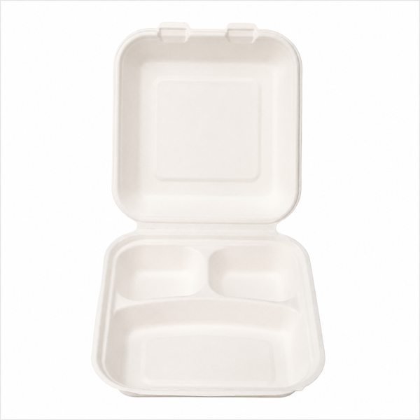 Plant Fiber 3-Compartment (2 sizes) Clamshell/Hinged Container, Sugarcane Bagasse/Bamboo Fiber, White Color, Heavy Duty, Compostable