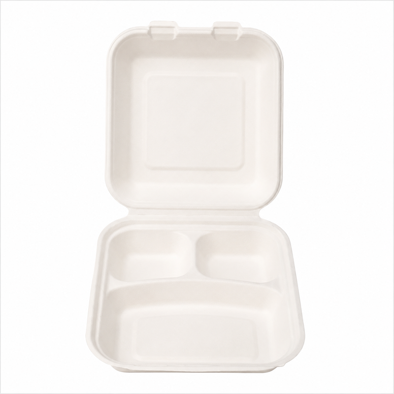 Plant Fiber 3-Compartment (2 sizes) Clamshell/Hinged Container, Sugarcane Bagasse/Bamboo Fiber, White Color, Heavy Duty, Compostable