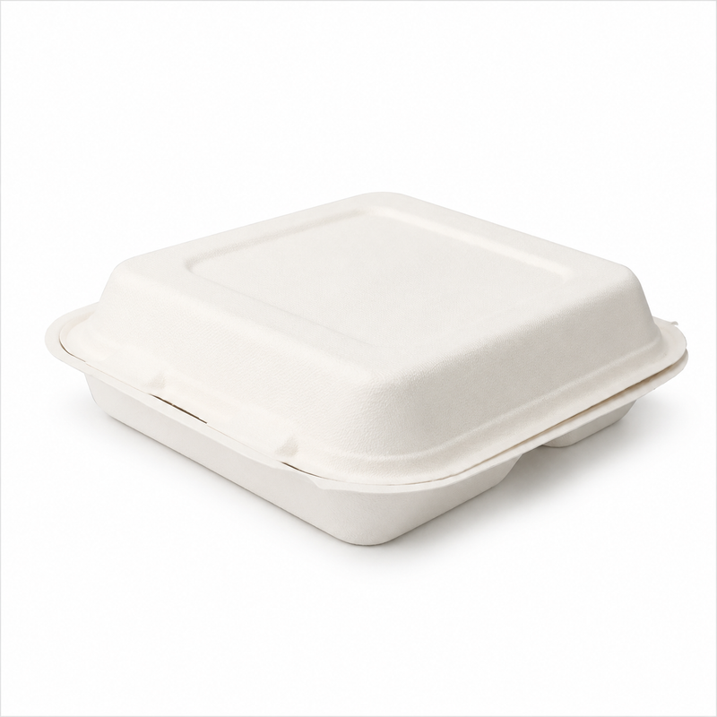 Plant Fiber 3-Compartment (2 sizes) Clamshell/Hinged Container, Sugarcane Bagasse/Bamboo Fiber, White Color, Heavy Duty, Compostable