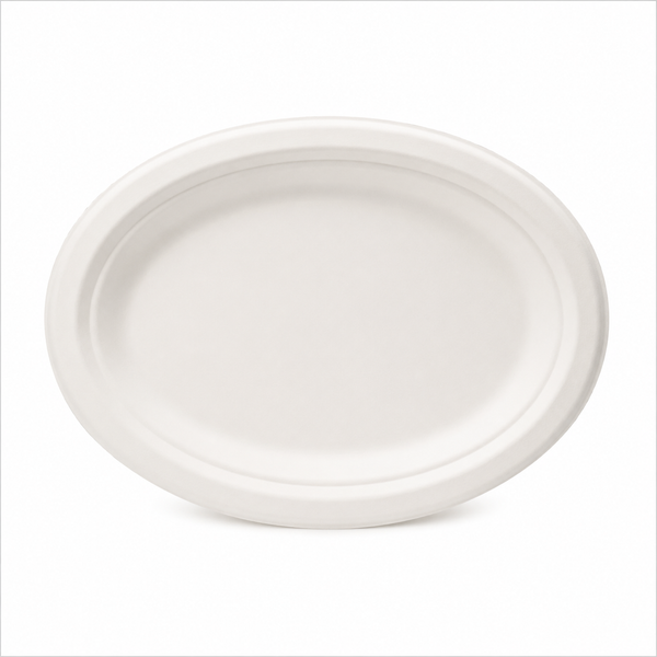 Plant Fiber Oval Plate, Sugarcane Bagasse/Bamboo Fiber, White Color, Heavy Duty, Compostable