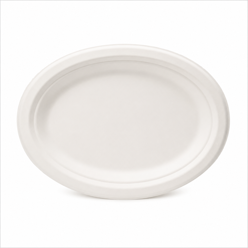 Plant Fiber Oval Plate, Sugarcane Bagasse/Bamboo Fiber, White Color, Heavy Duty, Compostable