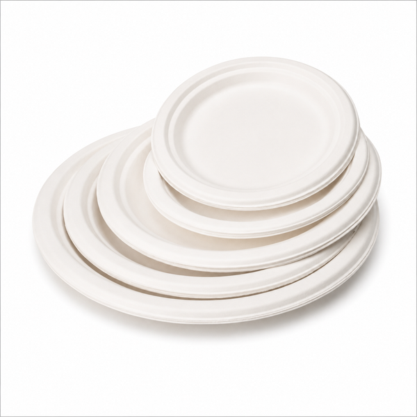 Plant Fiber Round Plate (3 sizes), Sugarcane Bagasse/Bamboo Fiber, White Color, Heavy Duty, Compostable
