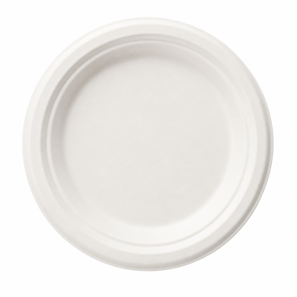 Plant Fiber Round Plate (3 sizes), Sugarcane Bagasse/Bamboo Fiber, White Color, Heavy Duty, Compostable