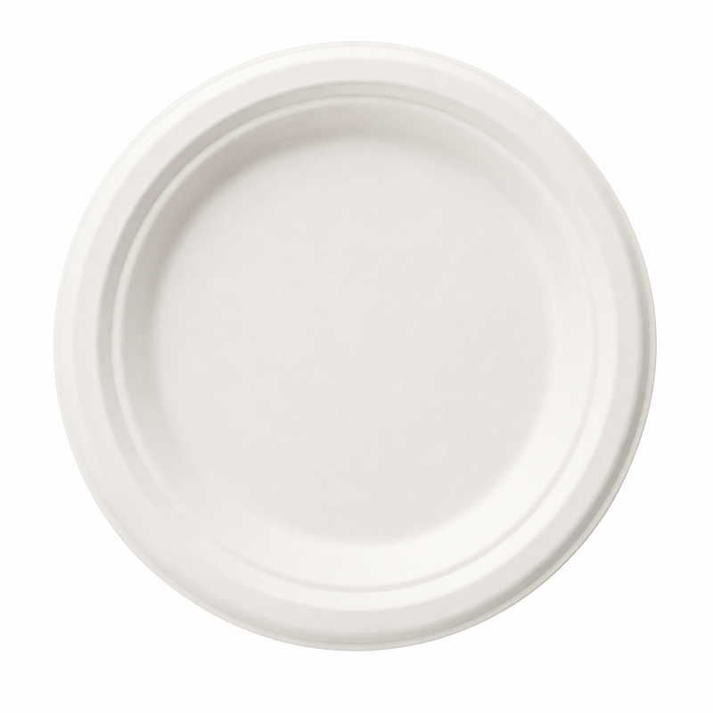 Plant Fiber Round Plate (3 sizes), Sugarcane Bagasse/Bamboo Fiber, White Color, Heavy Duty, Compostable