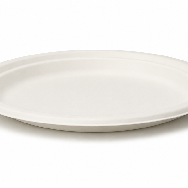 Plant Fiber Round Plate (3 sizes), Sugarcane Bagasse/Bamboo Fiber, White Color, Heavy Duty, Compostable