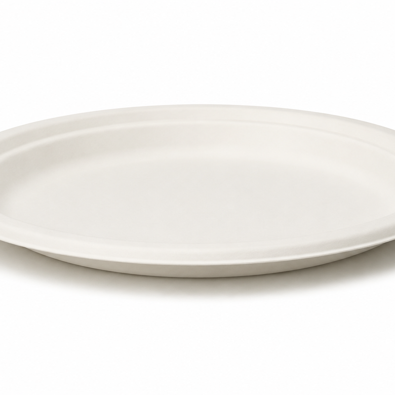 Plant Fiber Round Plate (3 sizes), Sugarcane Bagasse/Bamboo Fiber, White Color, Heavy Duty, Compostable