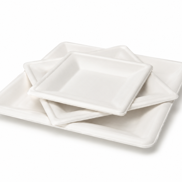 Plant Fiber Square Plate (3 sizes), Sugarcane Bagasse/Bamboo Fiber, White Color, Heavy Duty, Compostable