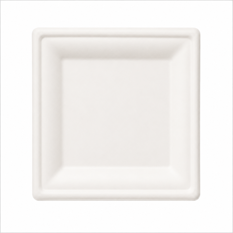 Plant Fiber Square Plate (3 sizes), Sugarcane Bagasse/Bamboo Fiber, White Color, Heavy Duty, Compostable