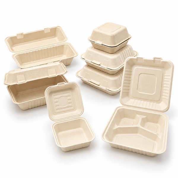 [Abide Hawaii] Fiber Clamshell Containers, Natural Color, PLA-Lined Base, Multiple Sizes, 50 Count