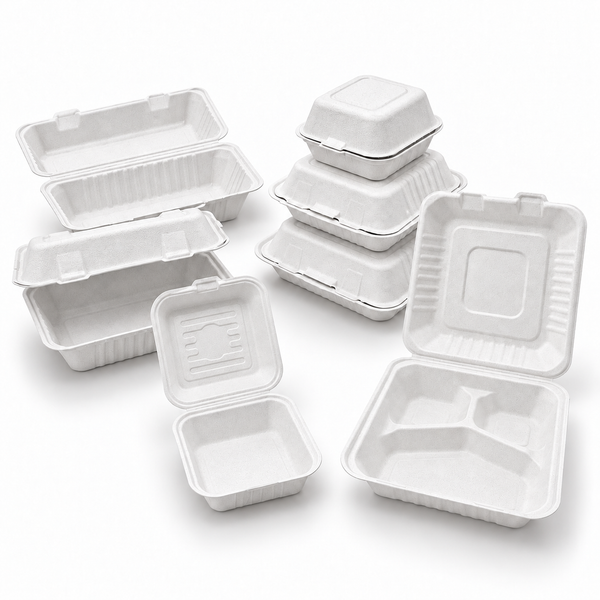 [Abide Hawaii] Fiber Clamshell Containers, White, Multiple Sizes, 50 Count