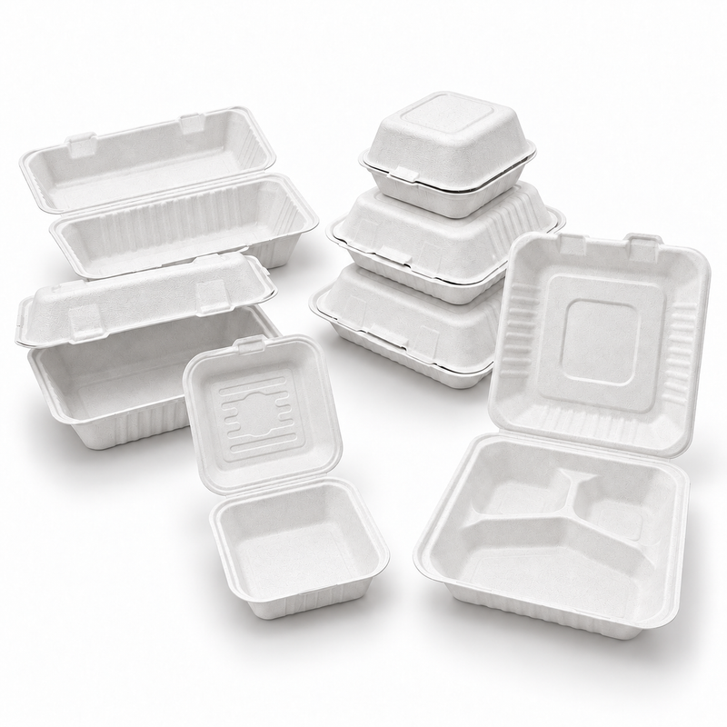 [Abide Hawaii] Fiber Clamshell Containers, White, Multiple Sizes, 50 Count