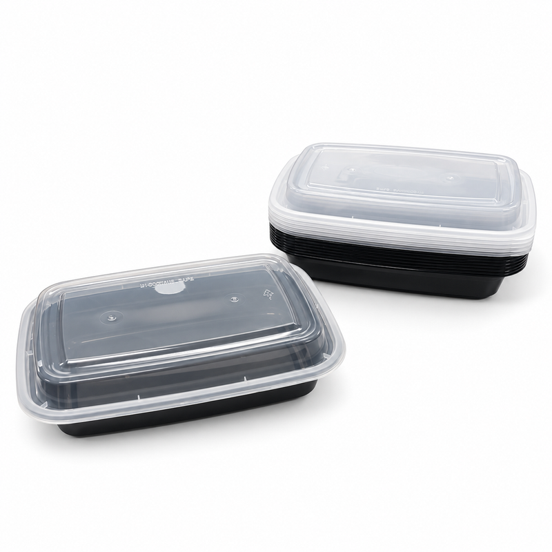 [Hawaii Foodware] 24 oz Microwavable Rectangular Food Containers with Lids, Black,  50 Sets