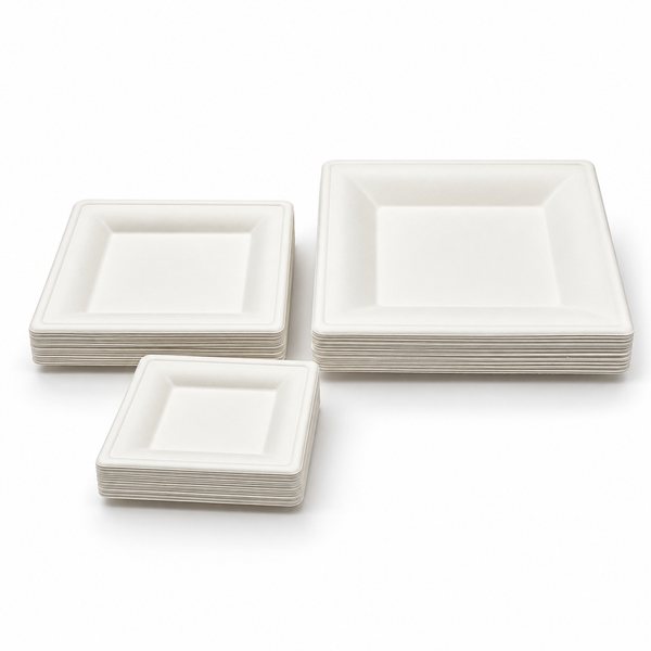 Plant Fiber 3 Sizes Square Plate, White Color, Heavy Duty, Compostable