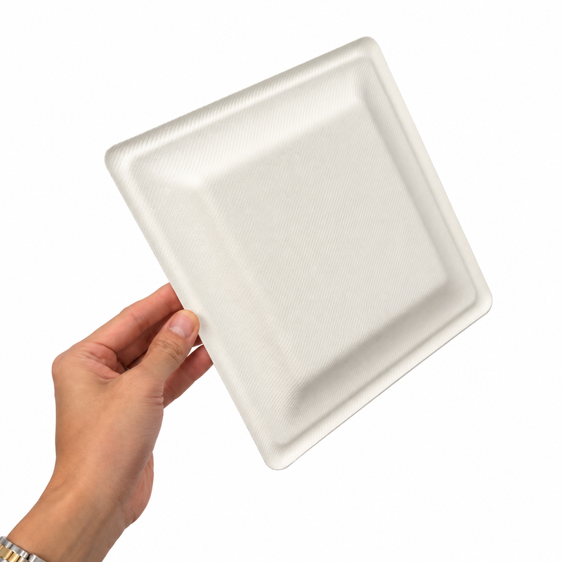 Plant Fiber 3 Sizes Square Plate, White Color, Heavy Duty, Compostable