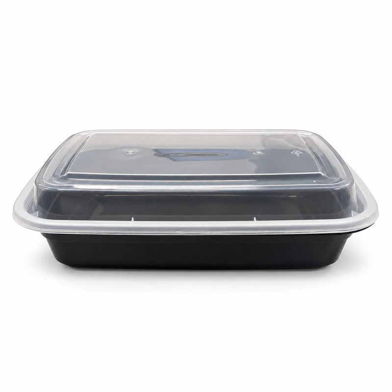 [Hawaii Foodware] 24 oz Microwavable Rectangular Food Containers with Lids, Black,  50 Sets