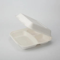 Plant Fiber 3-Compartment Clamshell/Hinged Container, Sugarcane Bagasse/Bamboo Fiber, White Color, Heavy Duty, Compostable