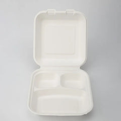 Plant Fiber 3-Compartment Clamshell/Hinged Container, Sugarcane Bagasse/Bamboo Fiber, White Color, Heavy Duty, Compostable