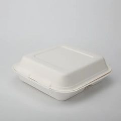 Plant Fiber 3-Compartment Clamshell/Hinged Container, Sugarcane Bagasse/Bamboo Fiber, White Color, Heavy Duty, Compostable